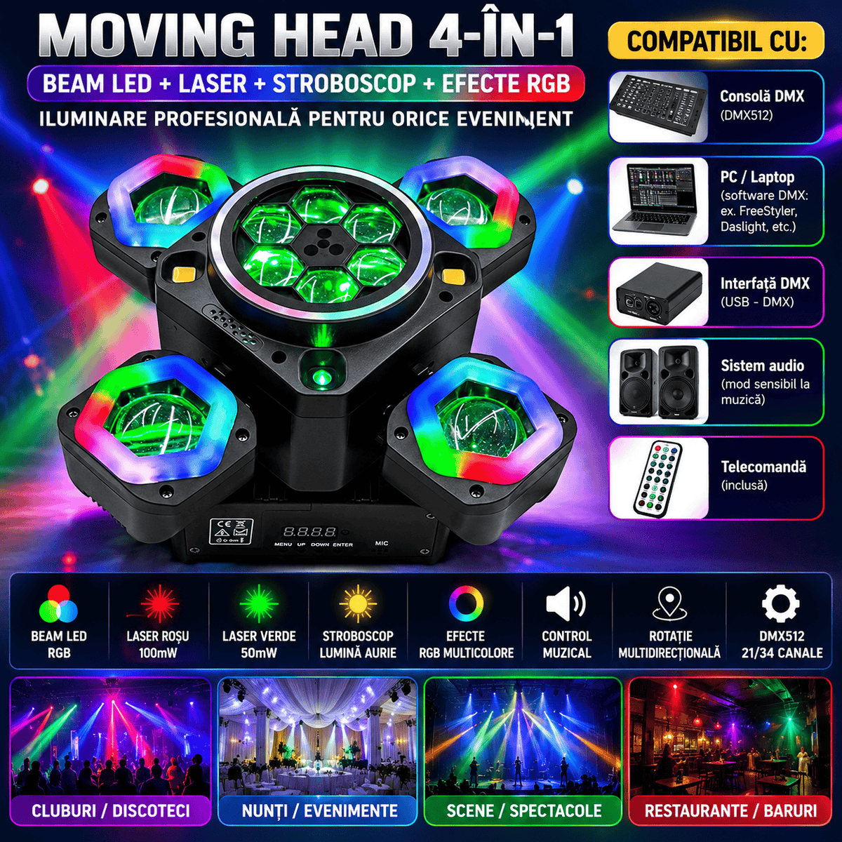 Moving Head Profesional 100W 4-în-1 – Beam RGB, LED Multicolor, Laser Roșu & Verde, Stroboscop, DMX512 21/34 Canale, Rotire 540°/180°, Control Muzical și Telecomandă