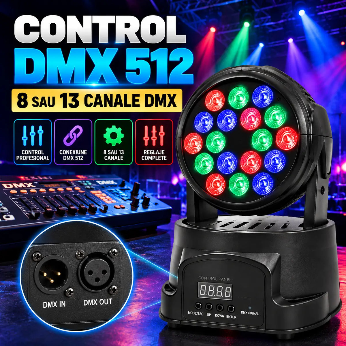 Moving Head LED 18x3W RGB, DMX 512, 8/13 Canale, Mod Automat, Sunet, Master-Slave, Stroboscop, Pan/Tilt