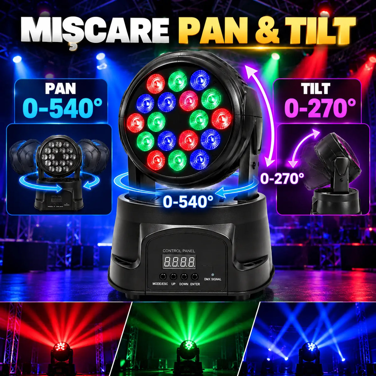 Moving Head LED 18x3W RGB, DMX 512, 8/13 Canale, Mod Automat, Sunet, Master-Slave, Stroboscop, Pan/Tilt