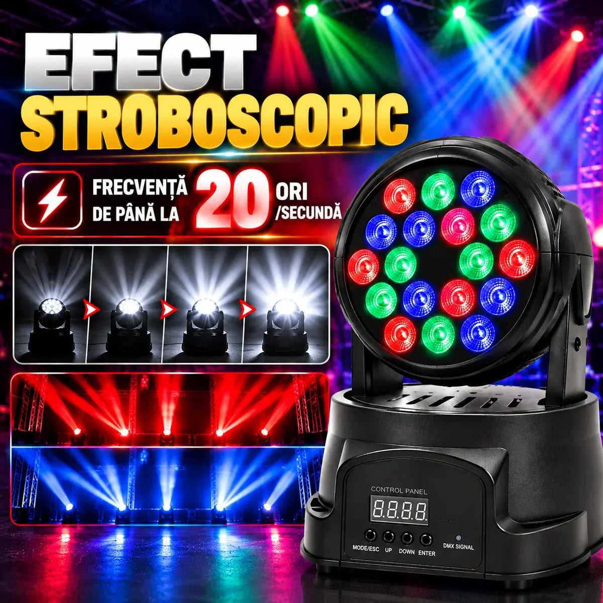 Moving Head LED 18x3W RGB, DMX 512, 8/13 Canale, Mod Automat, Sunet, Master-Slave, Stroboscop, Pan/Tilt