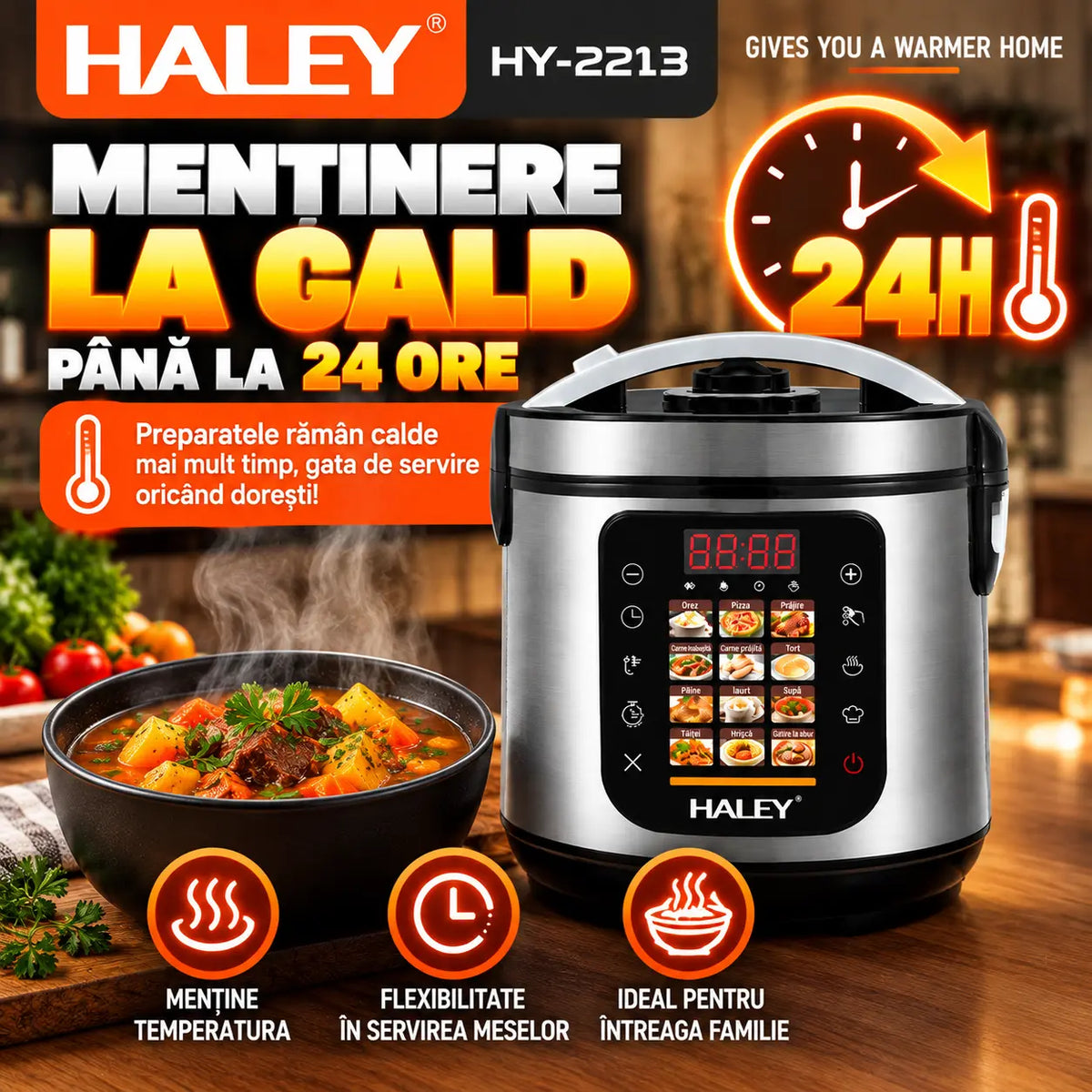 Oală Electrică Multifuncțională pentru Gătit HALEY® HY-2213, 1500W, Capacitate 6 Litri, Panou Digital cu 12 Programe de Gătire, Vas Interior cu Strat Antiaderent, Gătire Rapidă, Economie de Energie