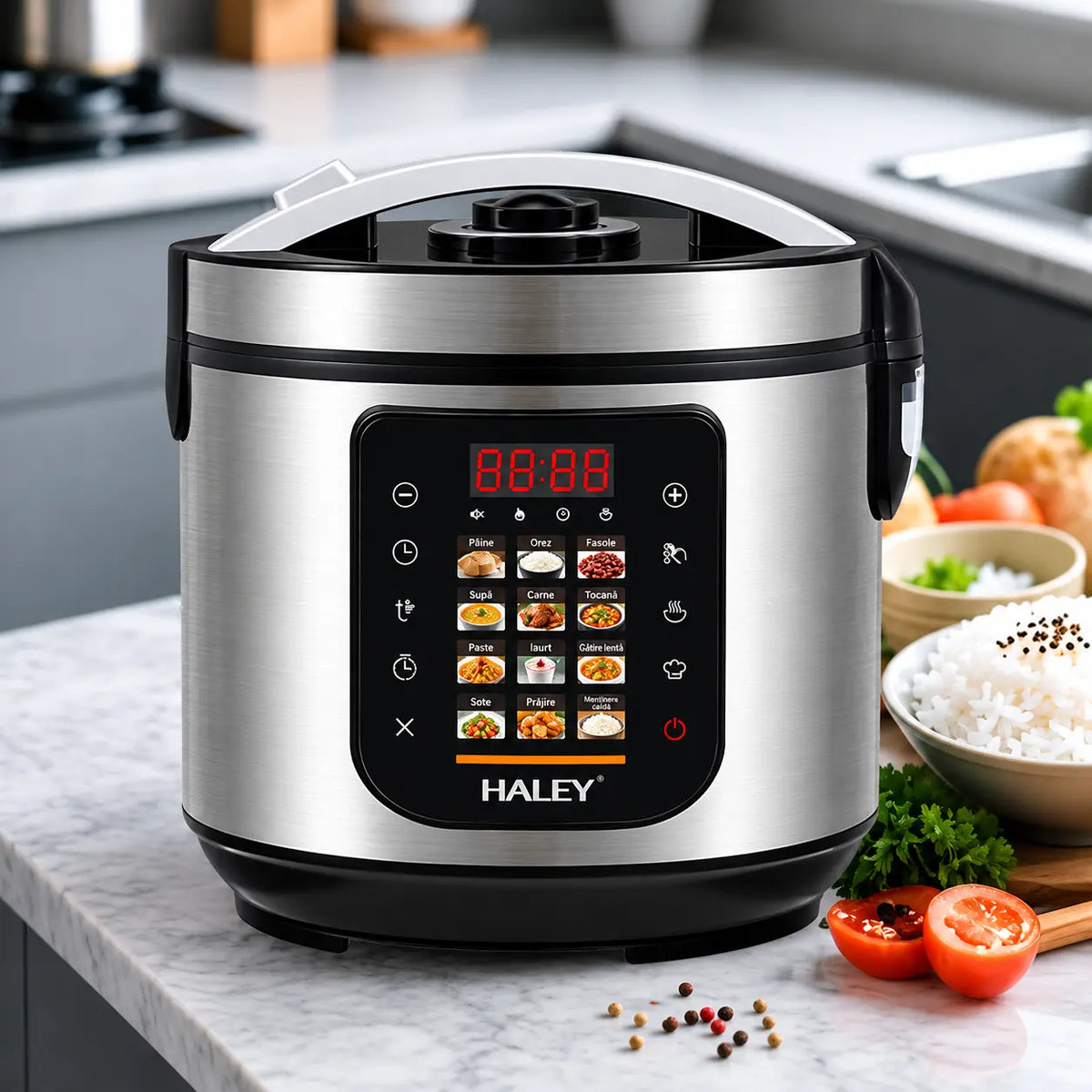 Oală Electrică Multifuncțională pentru Gătit HALEY® HY-2213, 1500W, Capacitate 6 Litri, Panou Digital cu 12 Programe de Gătire, Vas Interior cu Strat Antiaderent, Gătire Rapidă, Economie de Energie