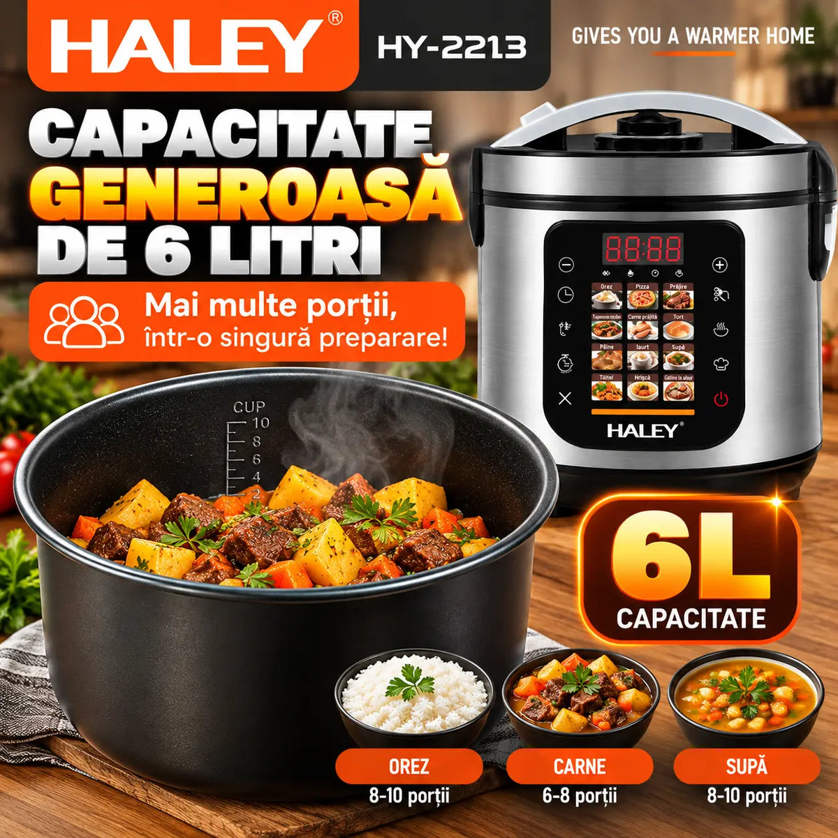 Oală Electrică Multifuncțională pentru Gătit HALEY® HY-2213, 1500W, Capacitate 6 Litri, Panou Digital cu 12 Programe de Gătire, Vas Interior cu Strat Antiaderent, Gătire Rapidă, Economie de Energie