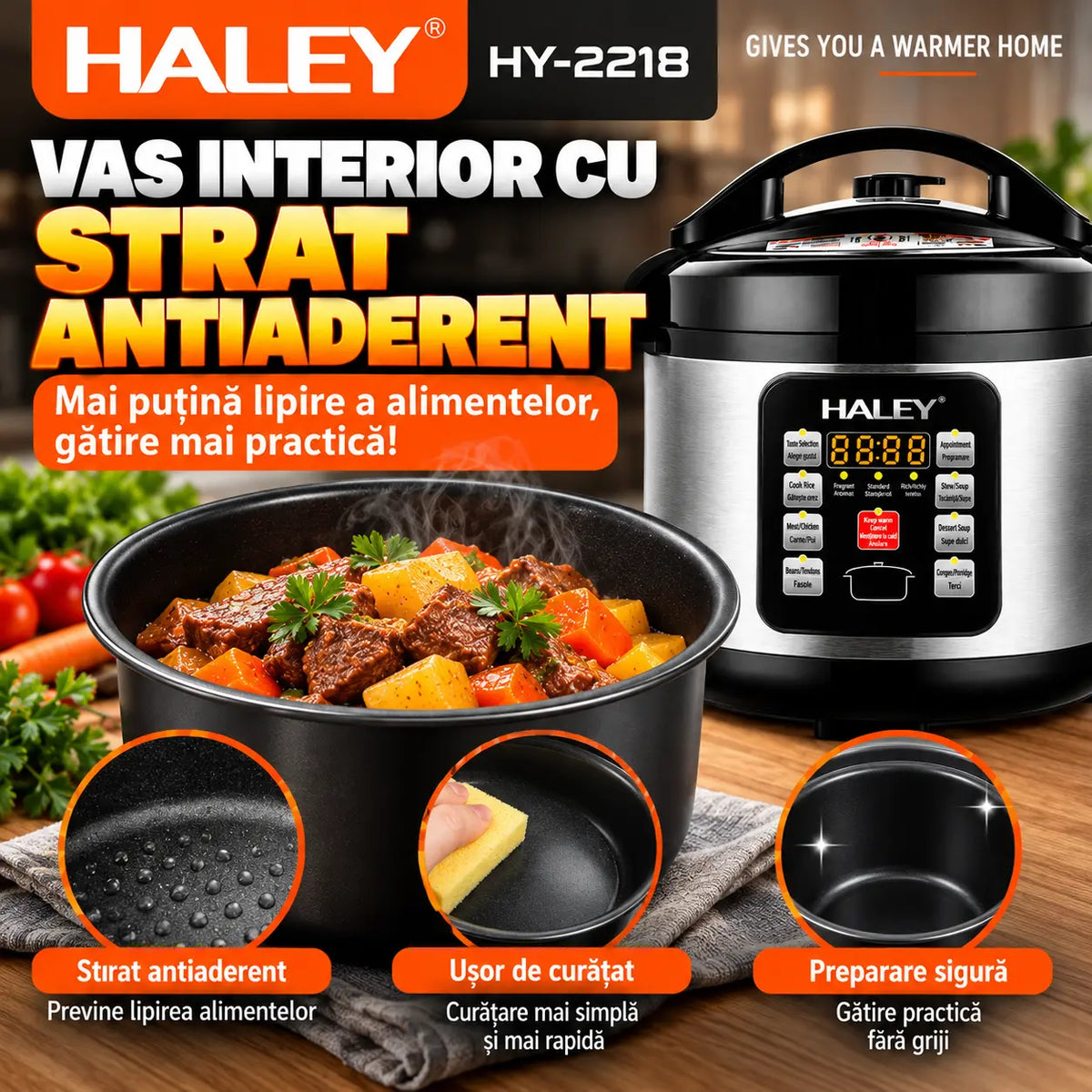 Oală Electrică sub Presiune Multifuncțională HALEY® HY-2218, 1500W, Capacitate 6 Litri, Panou Digital cu Programe de Gătire, Vas Interior cu Strat Antiaderent, Gătire Rapidă, Economie de Energie