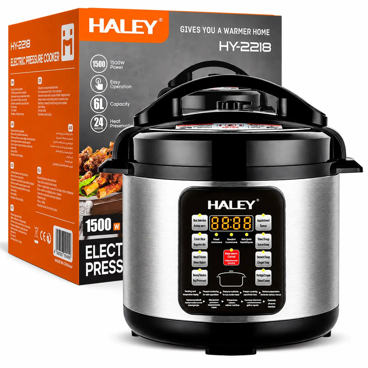 Oală Electrică sub Presiune Multifuncțională HALEY® HY-2218, 1500W, Capacitate 6 Litri, Panou Digital cu Programe de Gătire, Vas Interior cu Strat Antiaderent, Gătire Rapidă, Economie de Energie