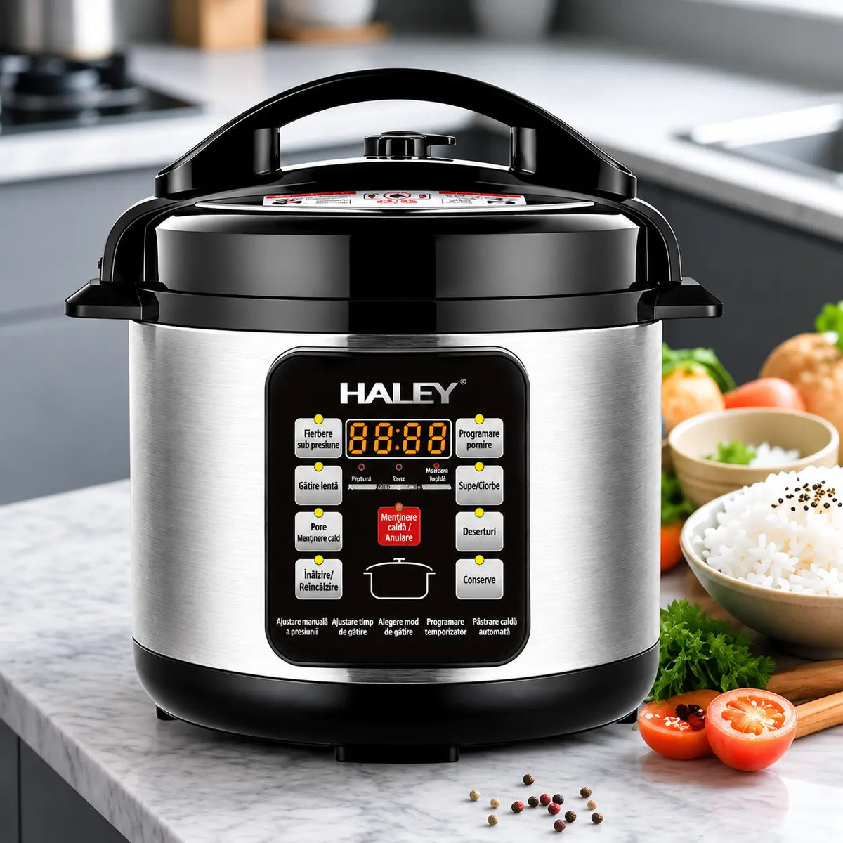 Oală Electrică sub Presiune Multifuncțională HALEY® HY-2218, 1500W, Capacitate 6 Litri, Panou Digital cu Programe de Gătire, Vas Interior cu Strat Antiaderent, Gătire Rapidă, Economie de Energie
