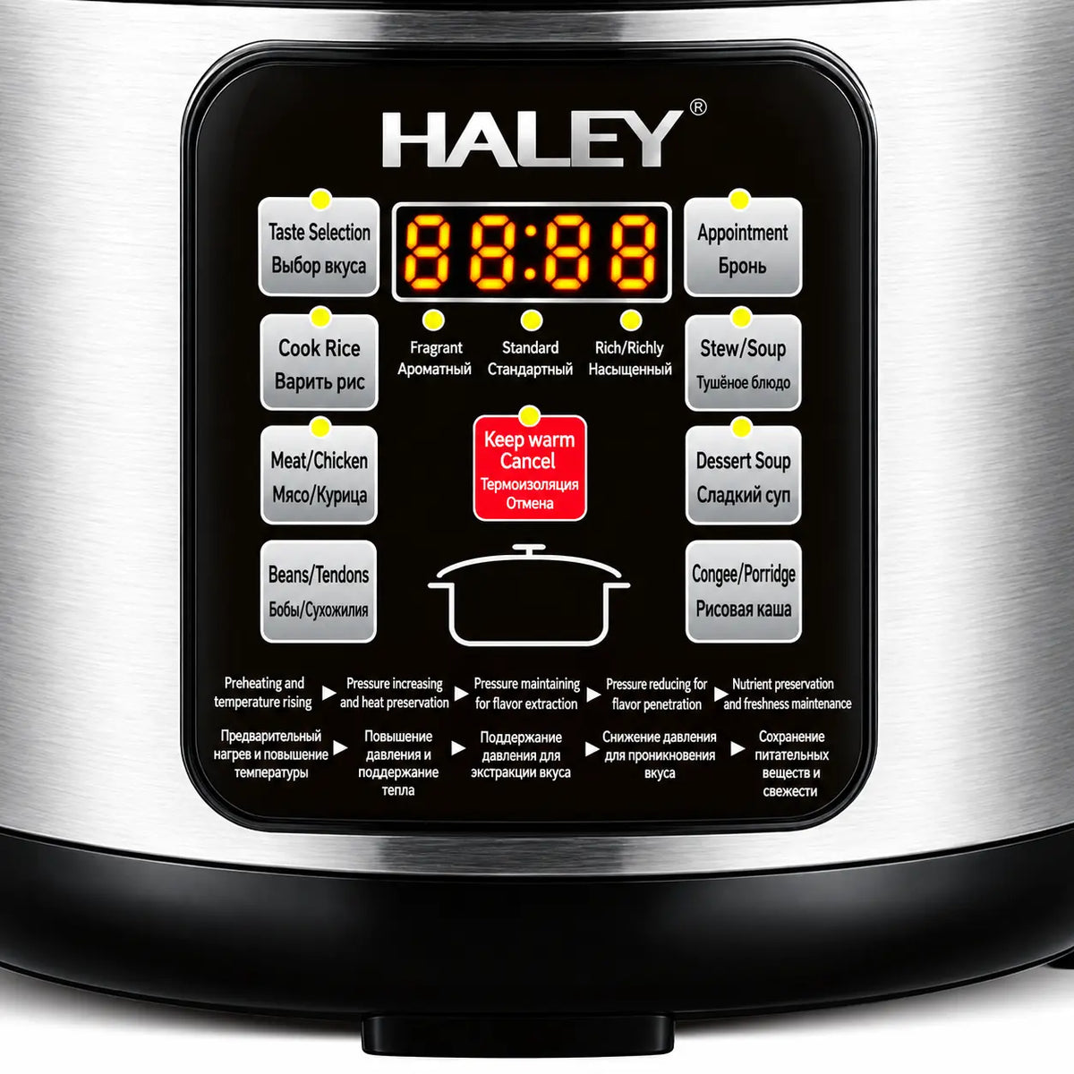 Oală Electrică sub Presiune Multifuncțională HALEY® HY-2218, 1500W, Capacitate 6 Litri, Panou Digital cu Programe de Gătire, Vas Interior cu Strat Antiaderent, Gătire Rapidă, Economie de Energie