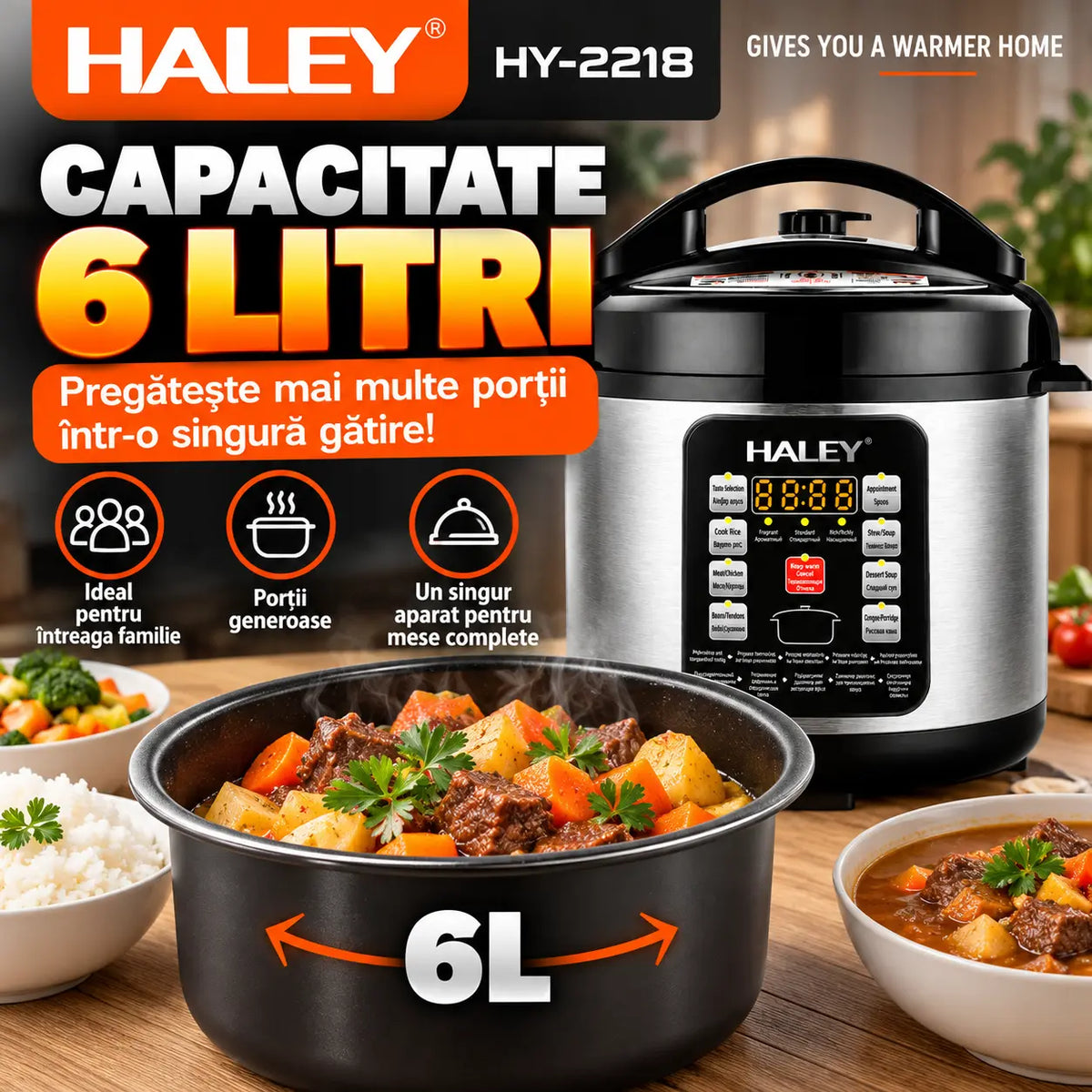 Oală Electrică sub Presiune Multifuncțională HALEY® HY-2218, 1500W, Capacitate 6 Litri, Panou Digital cu Programe de Gătire, Vas Interior cu Strat Antiaderent, Gătire Rapidă, Economie de Energie