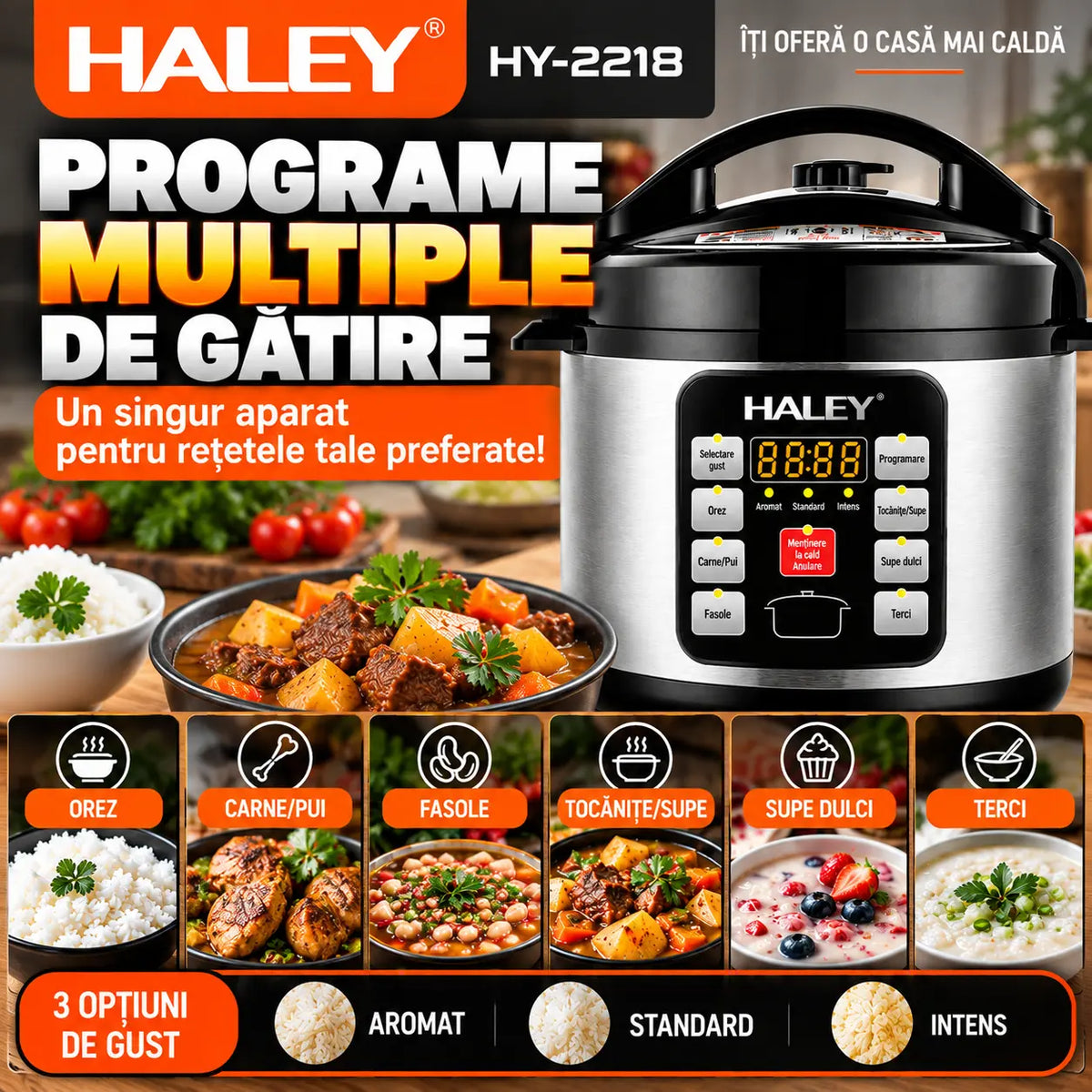 Oală Electrică sub Presiune Multifuncțională HALEY® HY-2218, 1500W, Capacitate 6 Litri, Panou Digital cu Programe de Gătire, Vas Interior cu Strat Antiaderent, Gătire Rapidă, Economie de Energie