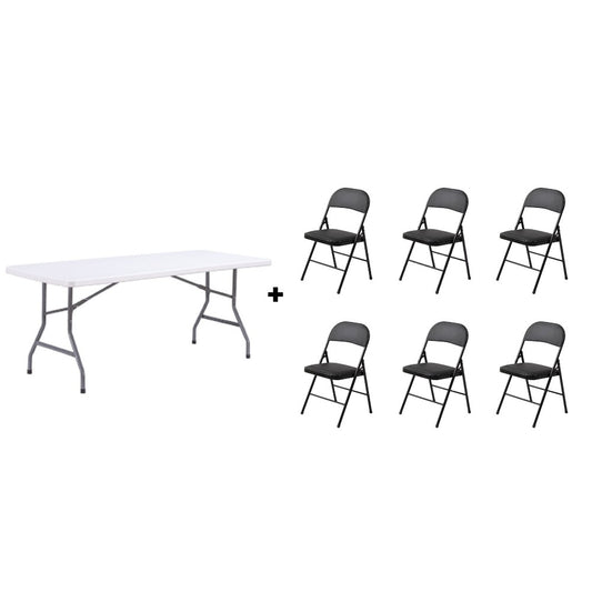 Set Mobilier AT PERFORMANCE®, Pliabil Evenimente: Masă 180 cm + 6 Scaune Ergonomice – Compact, Elegant, Ușor de Transportat