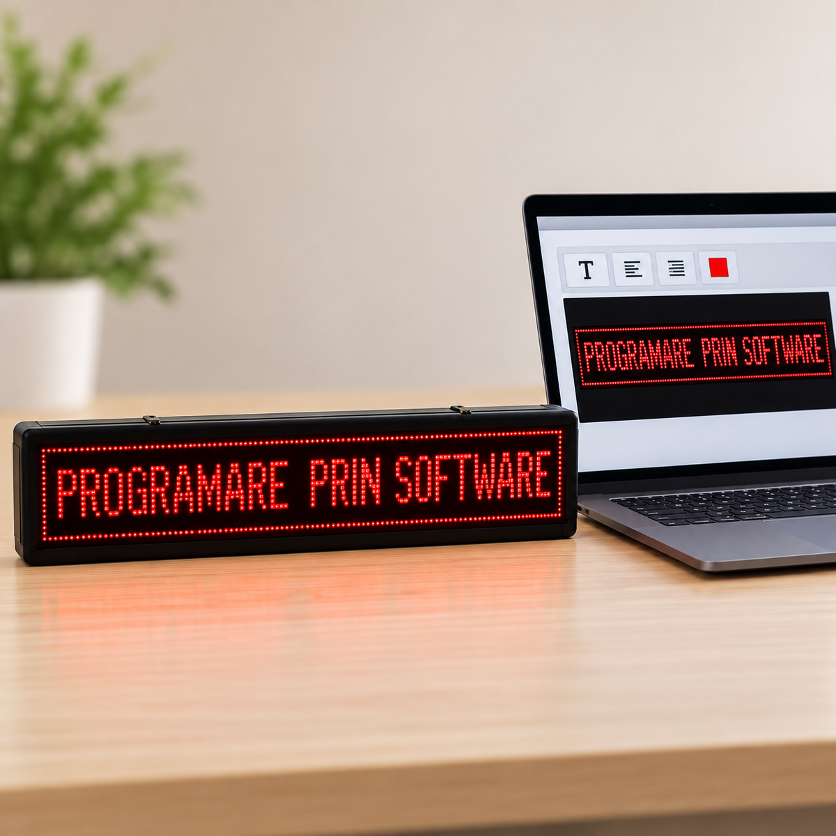 Panou LED roșu programat prin software de pe laptop