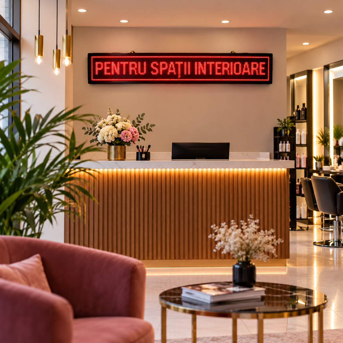 Panou LED roșu montat într-un salon interior