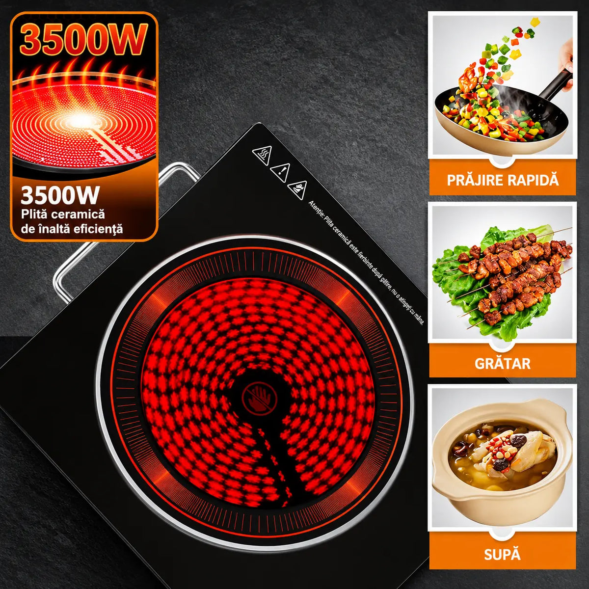 Plită cu Inducție HALEY 3500W, Geam Cristal Negru, Timer, Control Tactil, Oprire Automată, Protecție la Supraincălzire