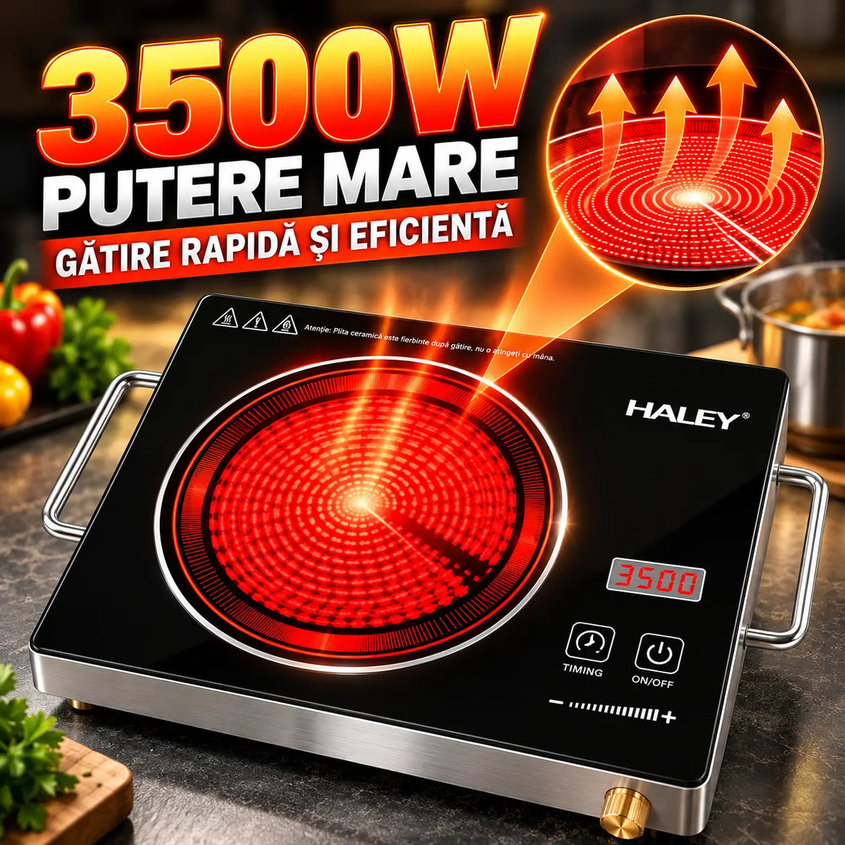 Plită cu Inducție HALEY 3500W, Geam Cristal Negru, Timer, Control Tactil, Oprire Automată, Protecție la Supraincălzire