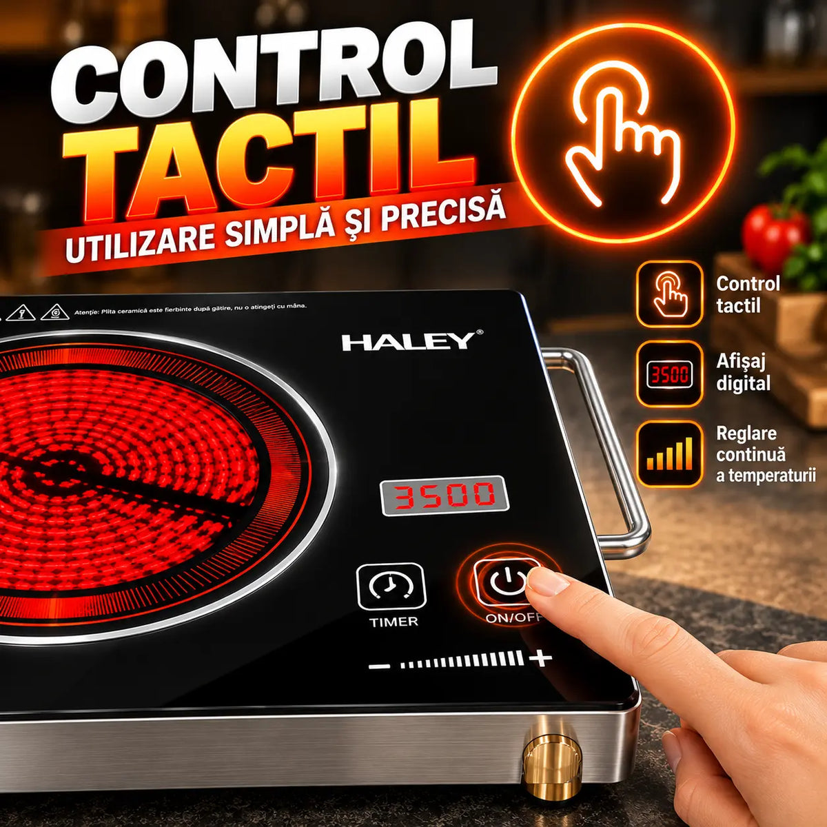 Plită cu Inducție HALEY 3500W, Geam Cristal Negru, Timer, Control Tactil, Oprire Automată, Protecție la Supraincălzire