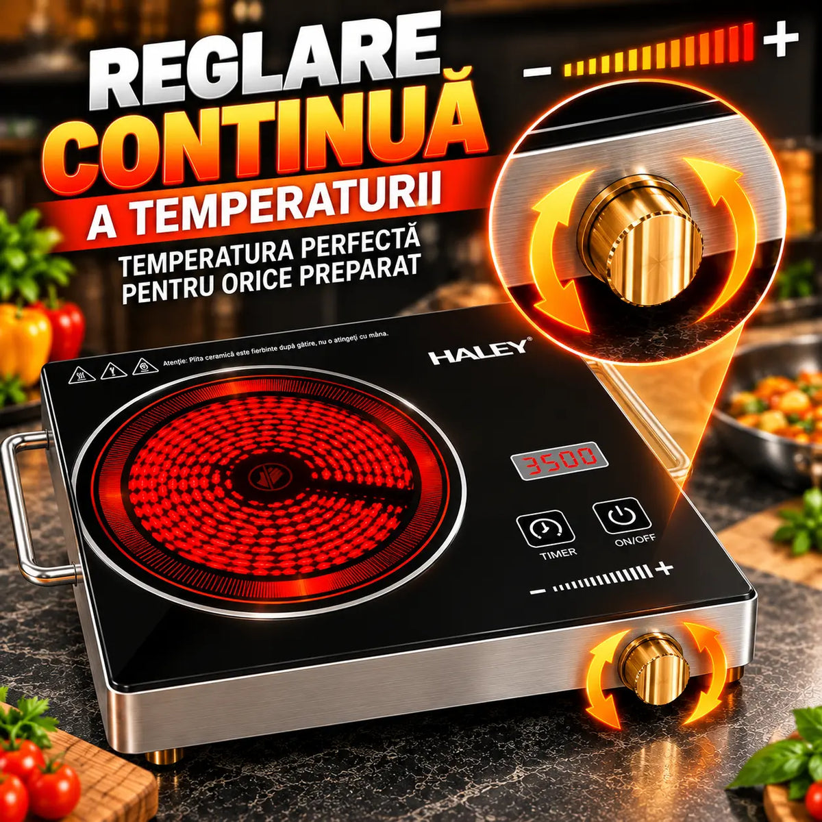 Plită cu Inducție HALEY 3500W, Geam Cristal Negru, Timer, Control Tactil, Oprire Automată, Protecție la Supraincălzire