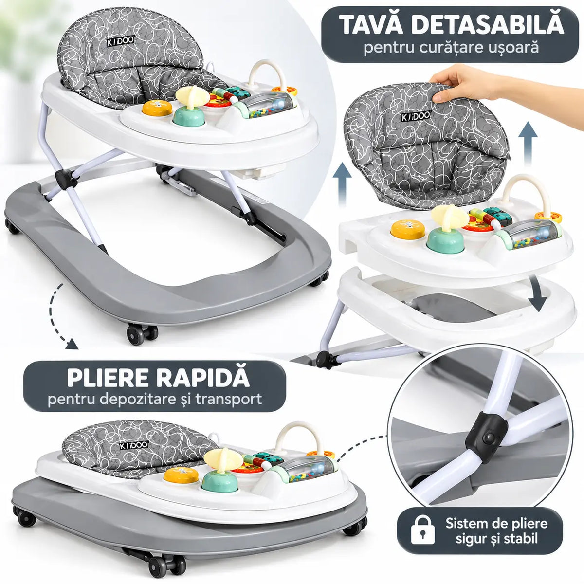 Premergător bebe KIDOO Baby Walker W1246UR2, cu jucării și muzică, 6–18 luni, Albastru