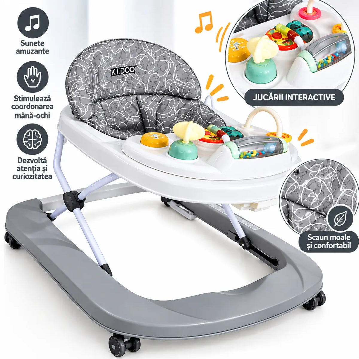 Premergător bebe KIDOO Baby Walker W1246UR2, cu jucării și muzică, 6–18 luni, Albastru
