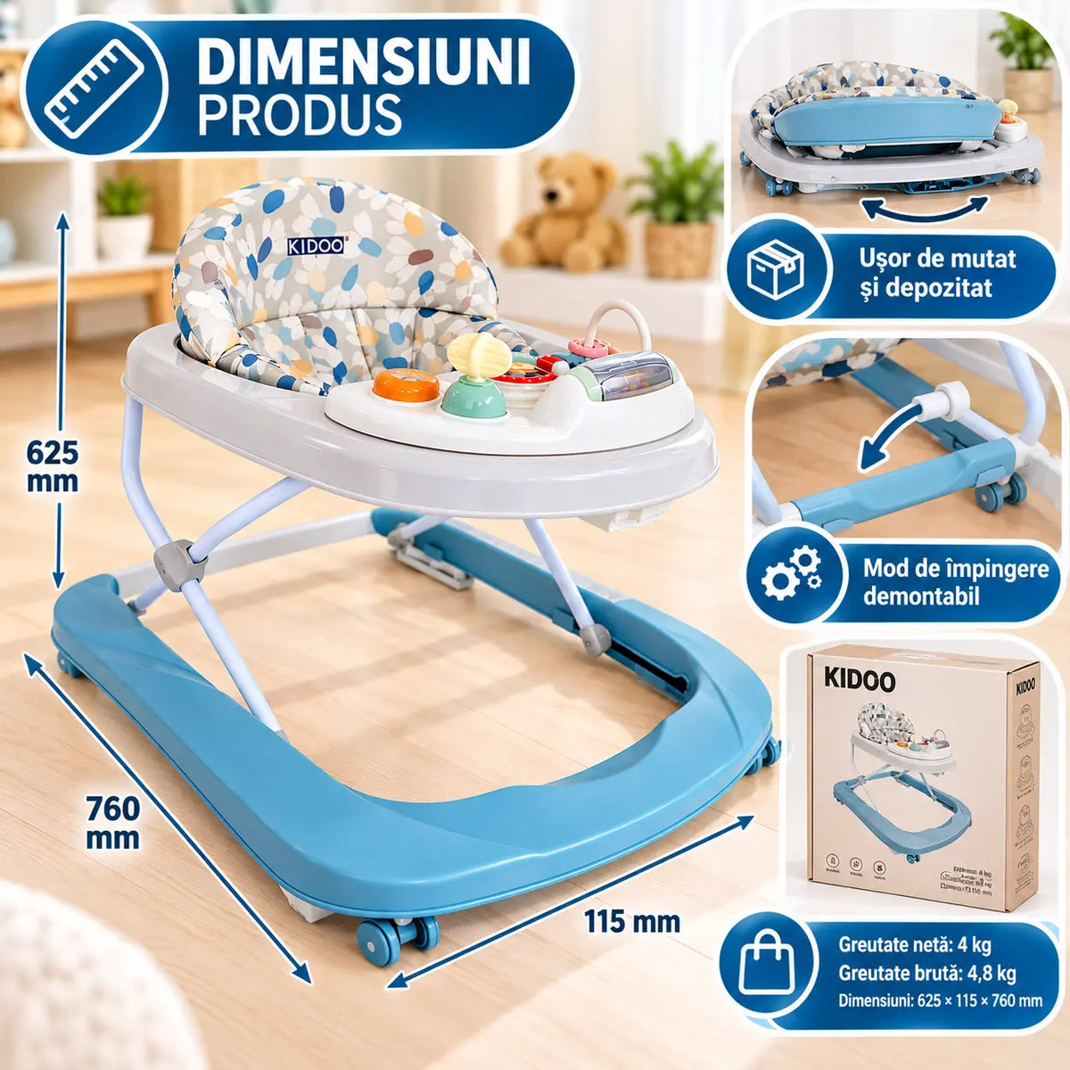 Premergător bebe KIDOO Baby Walker W1246UR2, cu jucării și muzică, 6–18 luni, Albastru