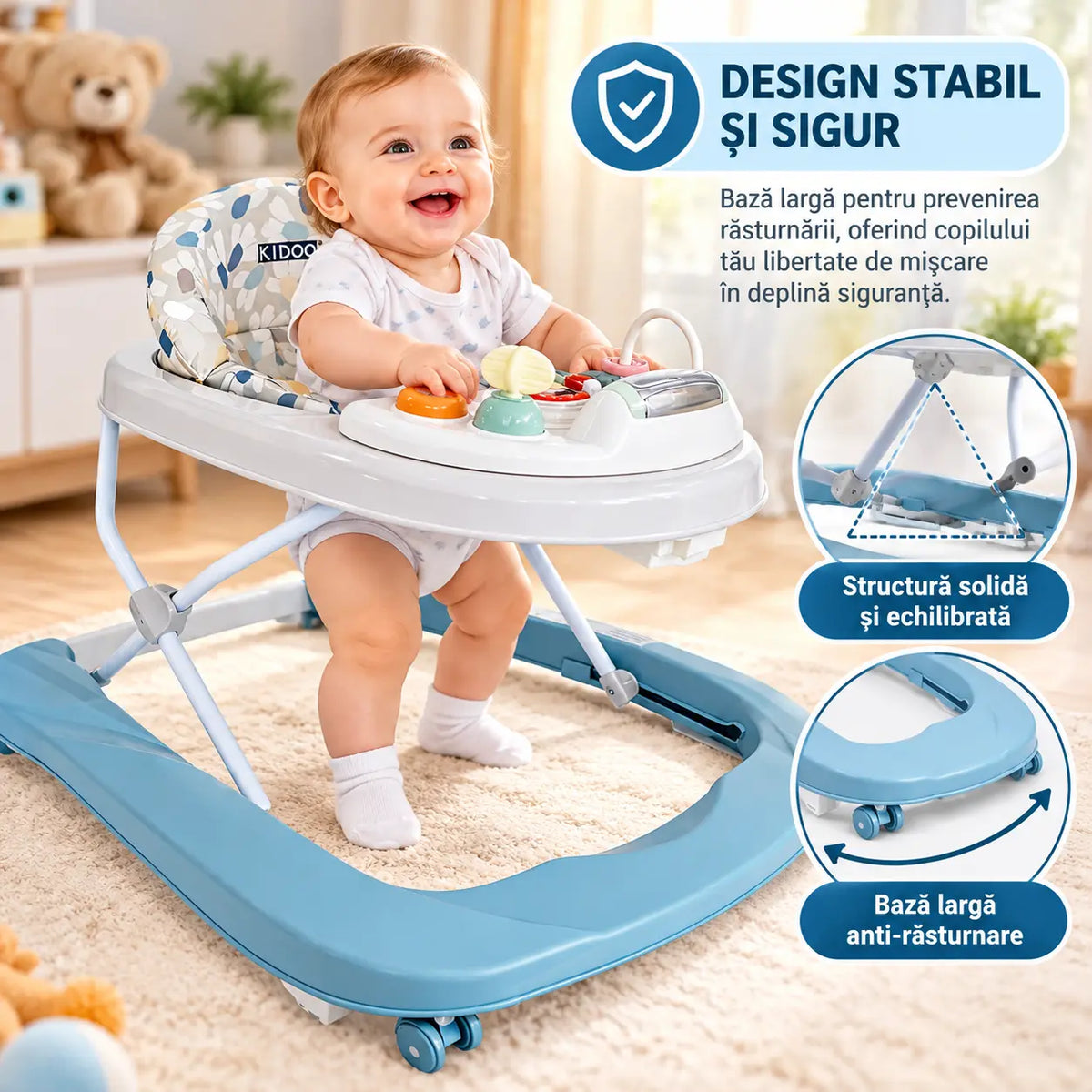 Premergător bebe KIDOO Baby Walker W1246UR2, cu jucării și muzică, 6–18 luni, Albastru