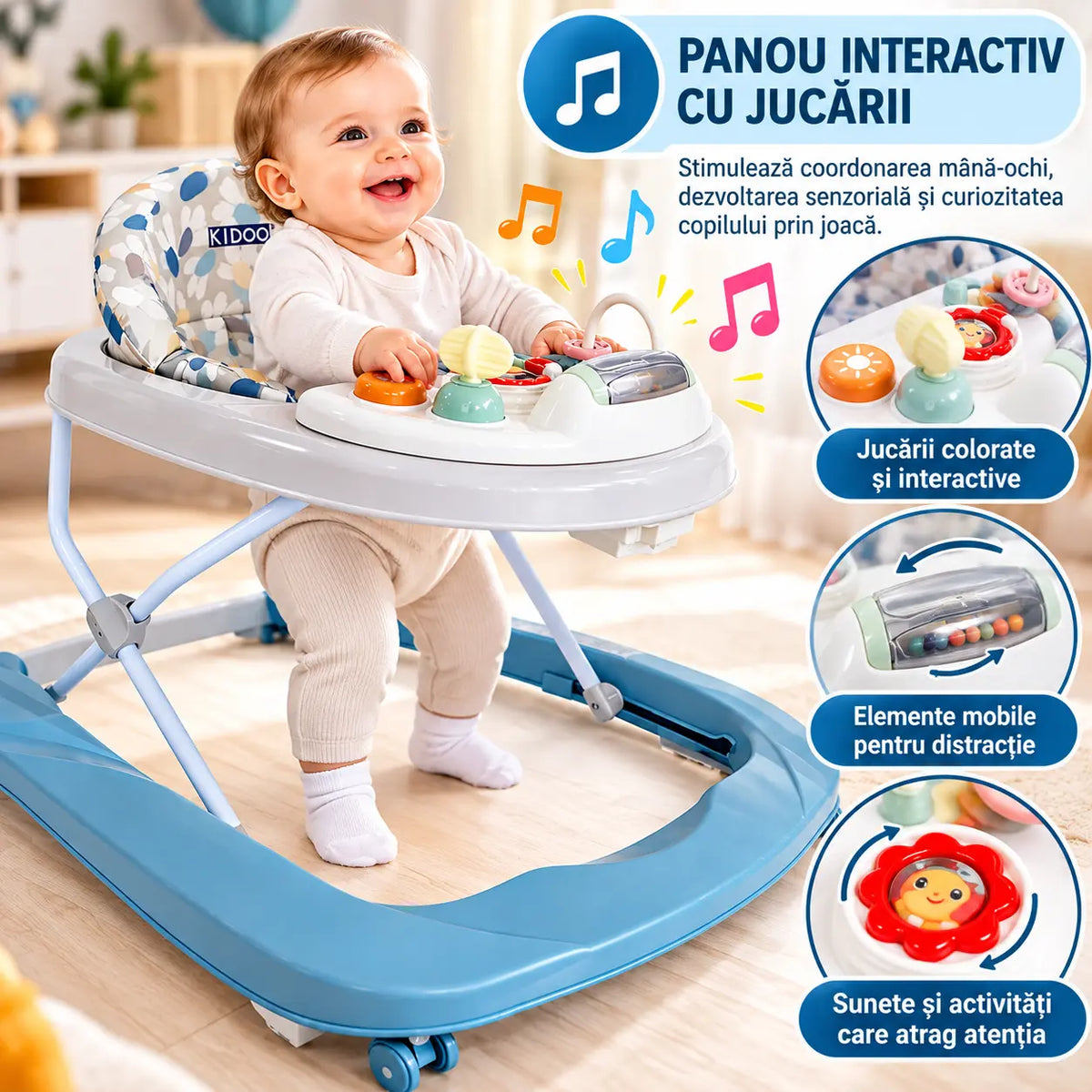 Premergător bebe KIDOO Baby Walker W1246UR2, cu jucării și muzică, 6–18 luni, Albastru