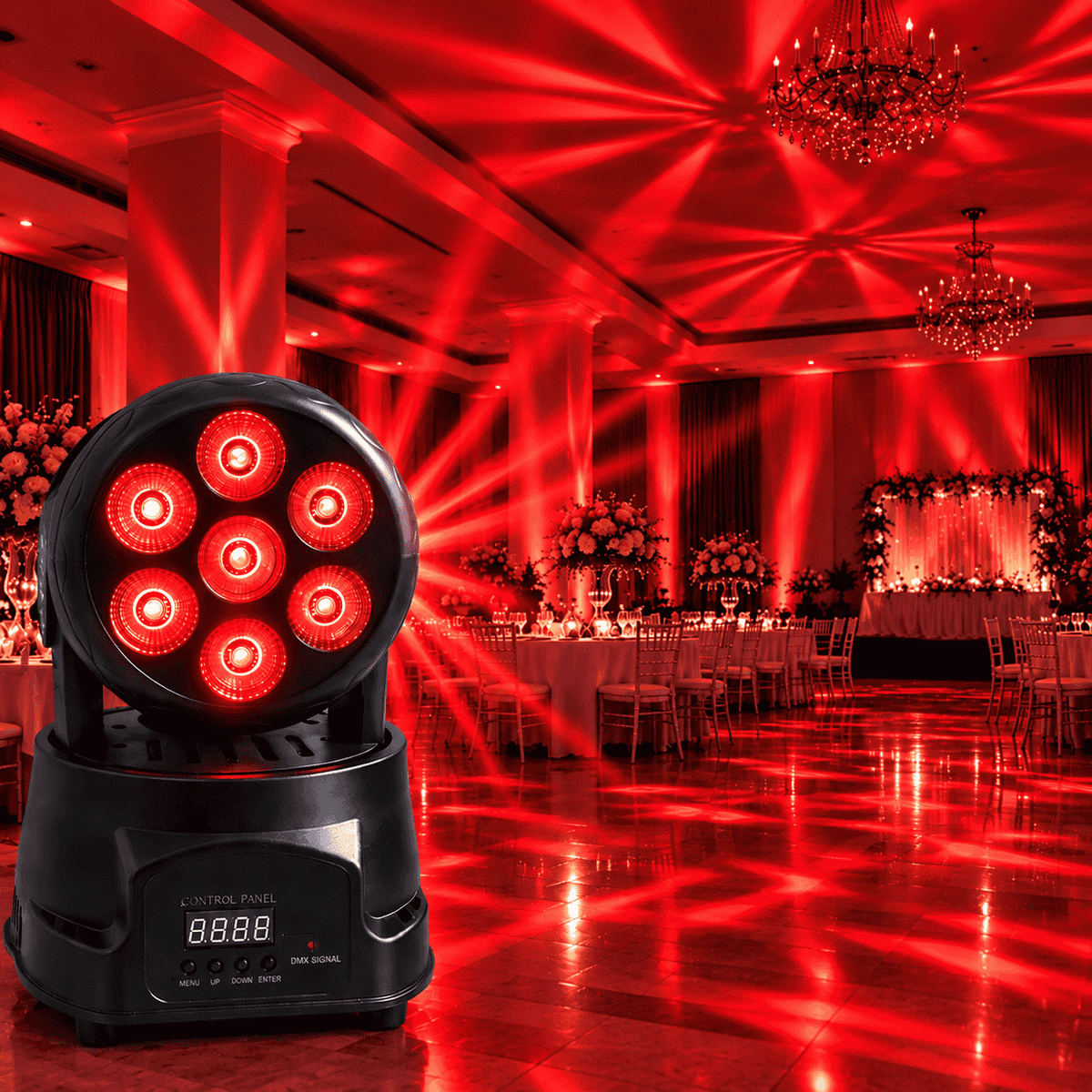 Proiector LED Moving Head Onistek ON-LP501, 7 LED-uri, RGBW, Cap Rotativ, Efecte Luminoase, DMX, Auto și Activare la Sunet, pentru Petreceri, Evenimente și Scenă
