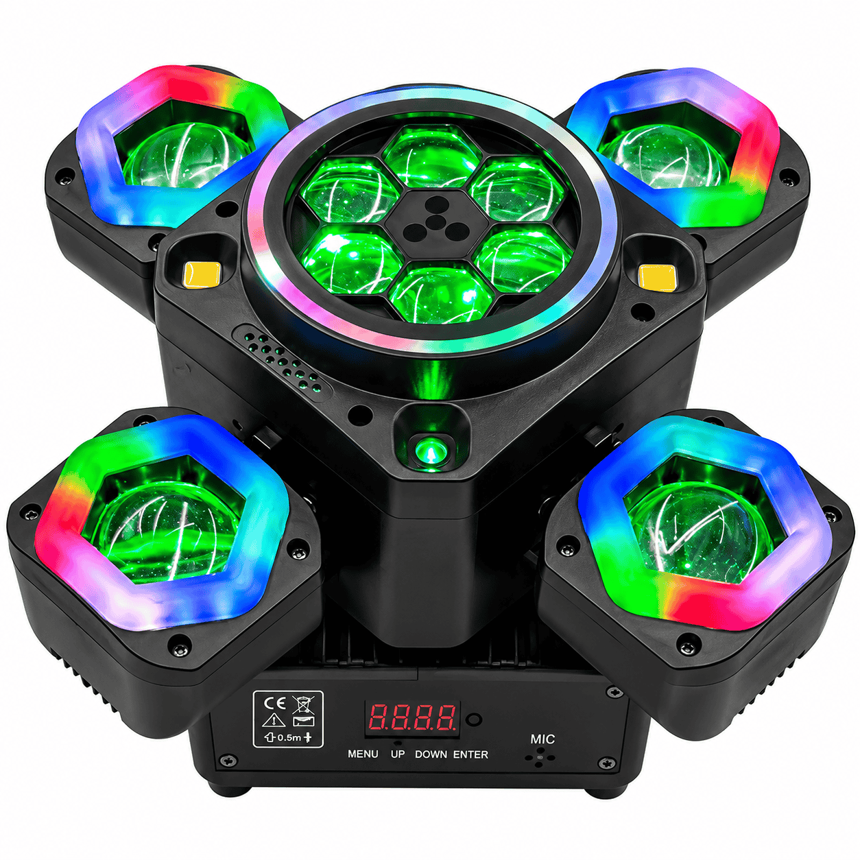 Proiector LED Profesional Moving Head cu 4 Brațe Rotative, Efecte RGB Multicolore, Jocuri de Lumini și Moduri Automate pentru Evenimente