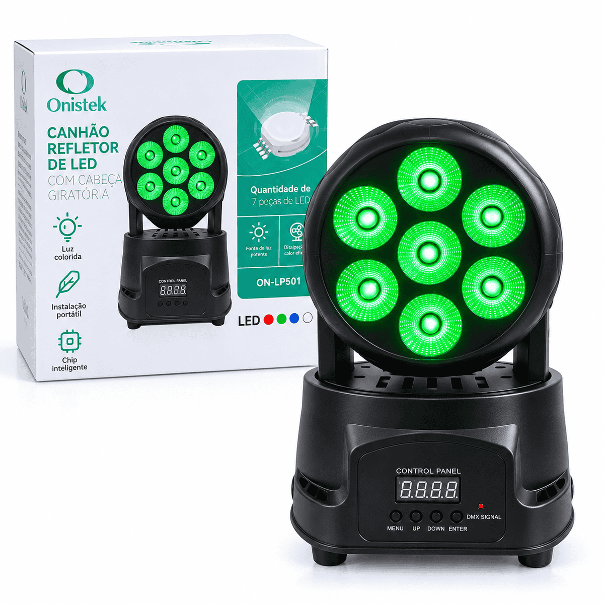 Proiector LED Moving Head Onistek ON-LP501, 7 LED-uri, RGBW, Cap Rotativ, Efecte Luminoase, DMX, Auto și Activare la Sunet, pentru Petreceri, Evenimente și Scenă
