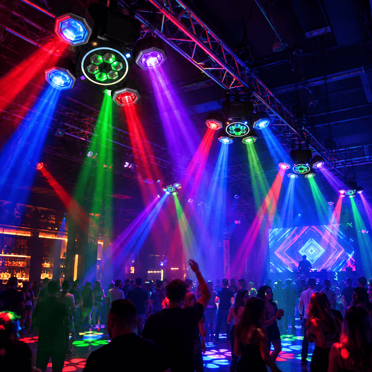Proiector LED Profesional Moving Head cu 4 Brațe Rotative, Efecte RGB Multicolore, Jocuri de Lumini și Moduri Automate pentru Evenimente