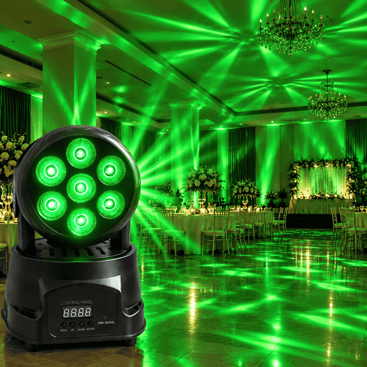 Proiector LED Moving Head Onistek ON-LP501, 7 LED-uri, RGBW, Cap Rotativ, Efecte Luminoase, DMX, Auto și Activare la Sunet, pentru Petreceri, Evenimente și Scenă