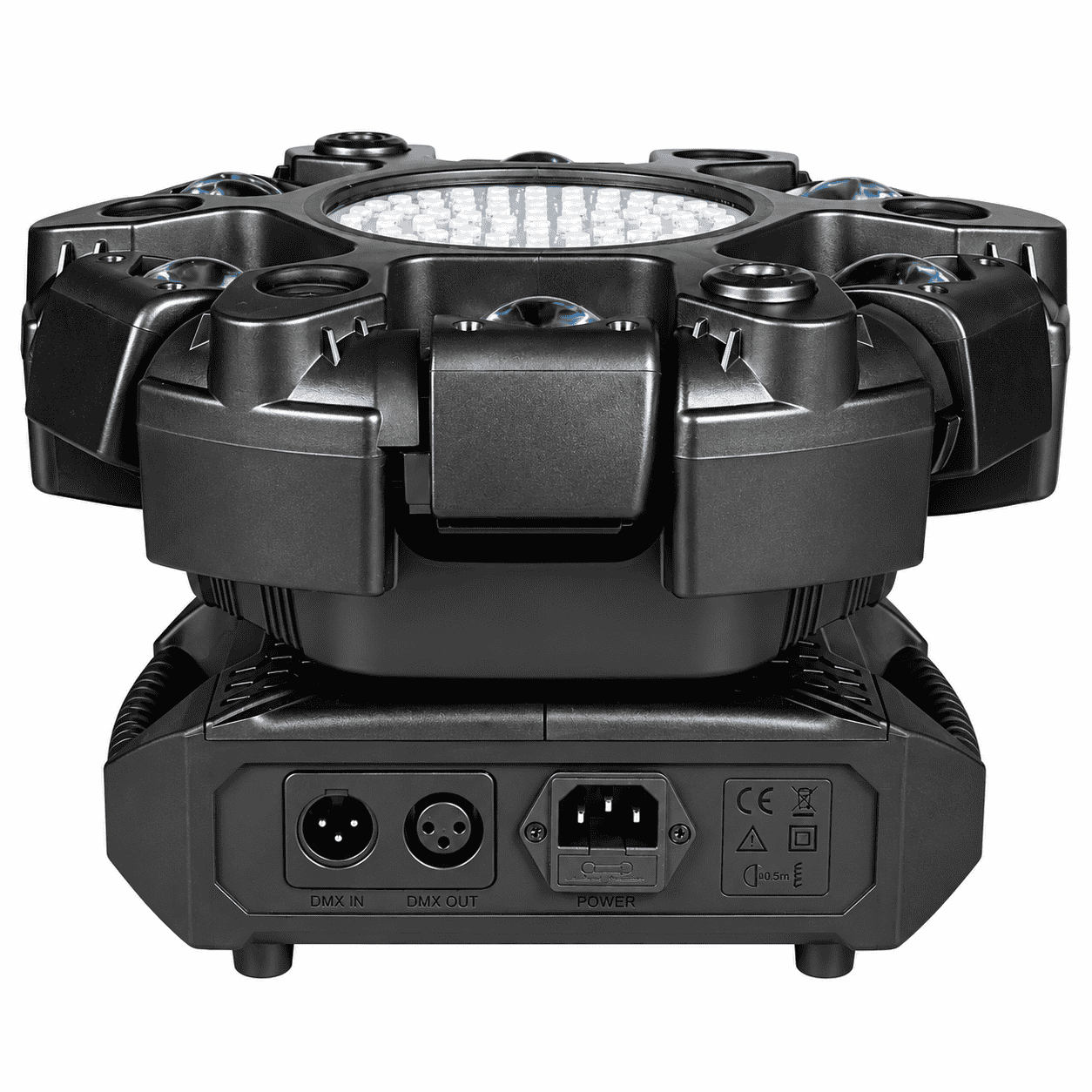 Moving Head LED Profesional Multi-Efect 100W, 6×10W RGBW CREE, Laser Roșu + Verde, Strobe Alb și Galben, 91 LED-uri, Brațe Rotative, DMX512 21 Canale, Sound Control