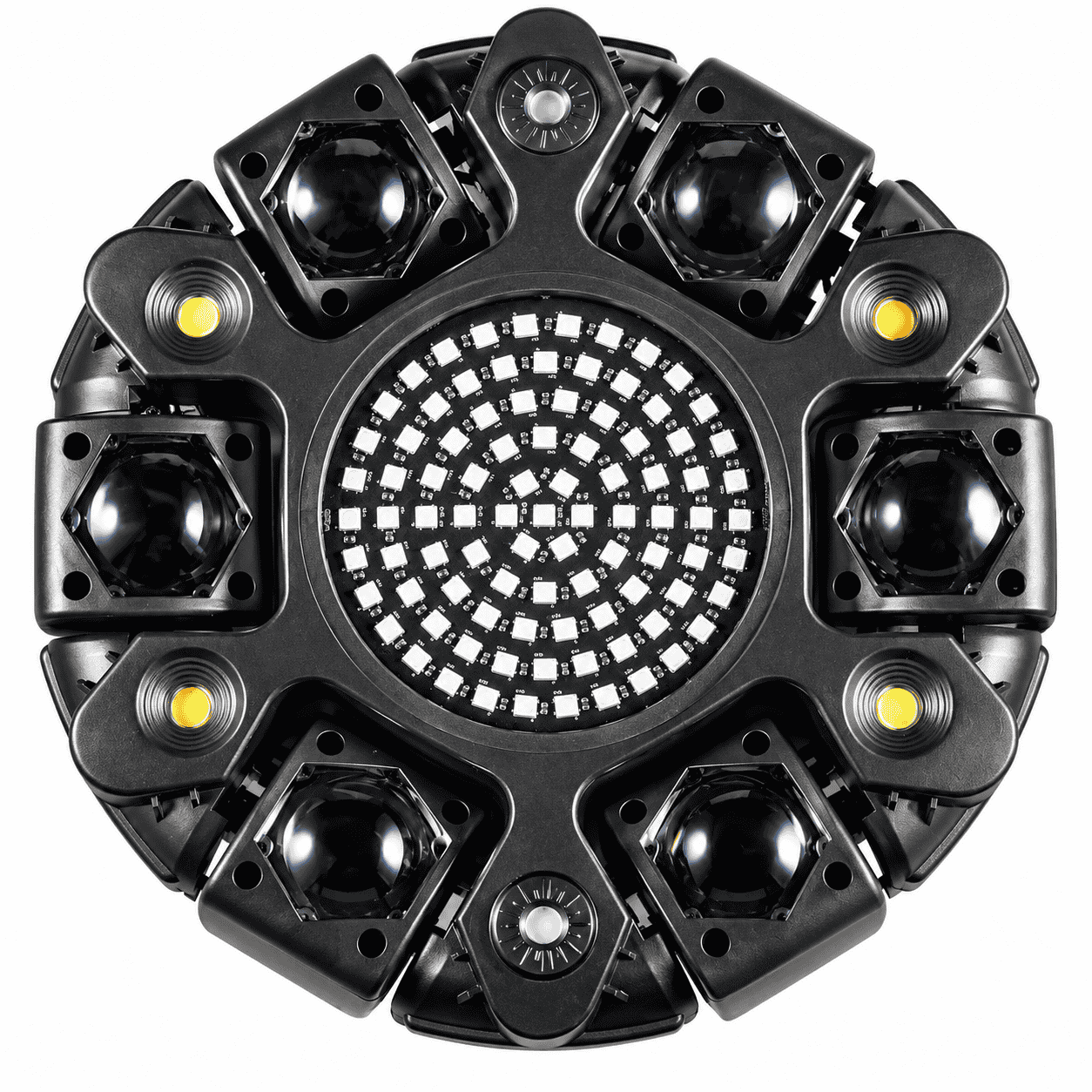 Moving Head LED Profesional Multi-Efect 100W, 6×10W RGBW CREE, Laser Roșu + Verde, Strobe Alb și Galben, 91 LED-uri, Brațe Rotative, DMX512 21 Canale, Sound Control