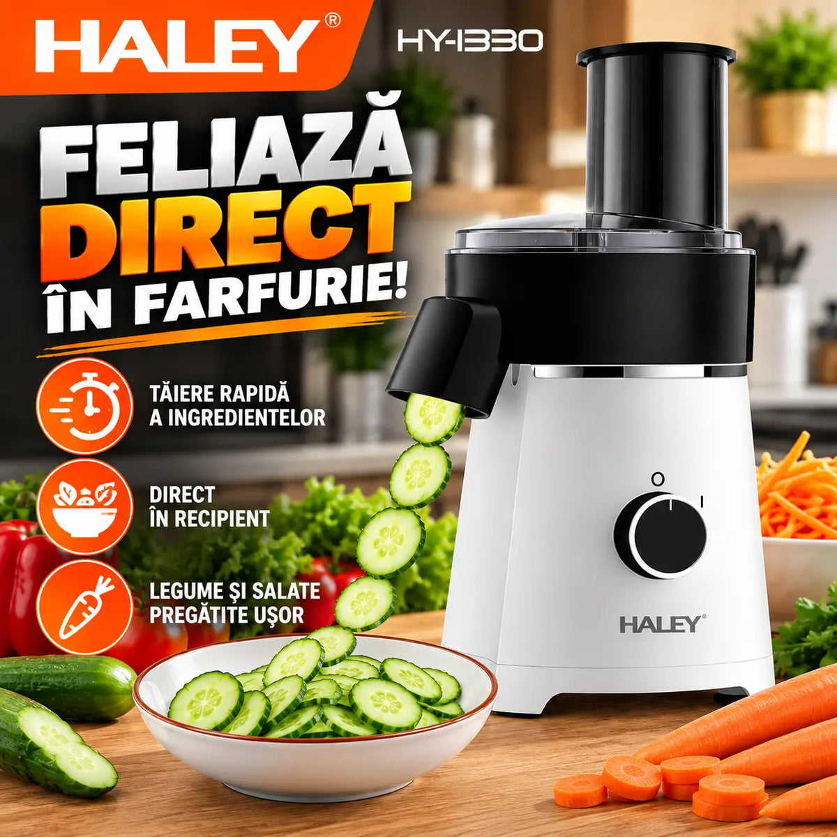 Răzătoare Electrică Multifuncțională HALEY® HY-1330, 600W, 5 Accesorii de Tăiere, Feliere și Răzuire, Lame din Oțel Inoxidabil, Motor Puternic, Componente Detașabile, Bază Antialunecare