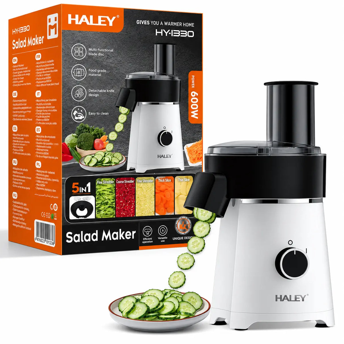 Răzătoare Electrică Multifuncțională HALEY® HY-1330, 600W, 5 Accesorii de Tăiere, Feliere și Răzuire, Lame din Oțel Inoxidabil, Motor Puternic, Componente Detașabile, Bază Antialunecare