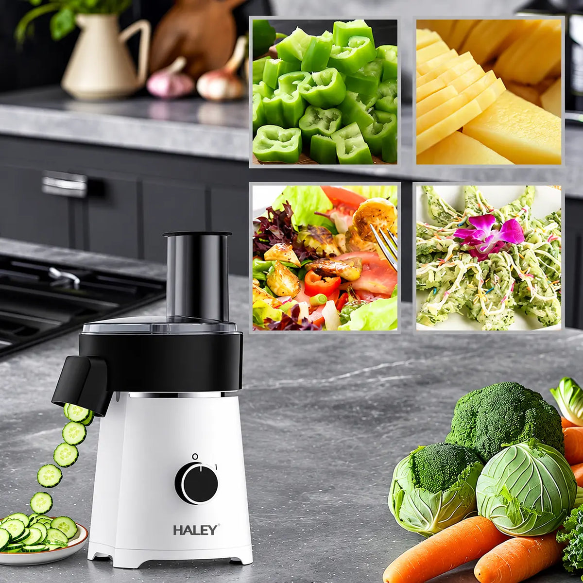 Răzătoare Electrică Multifuncțională HALEY® HY-1330, 600W, 5 Accesorii de Tăiere, Feliere și Răzuire, Lame din Oțel Inoxidabil, Motor Puternic, Componente Detașabile, Bază Antialunecare