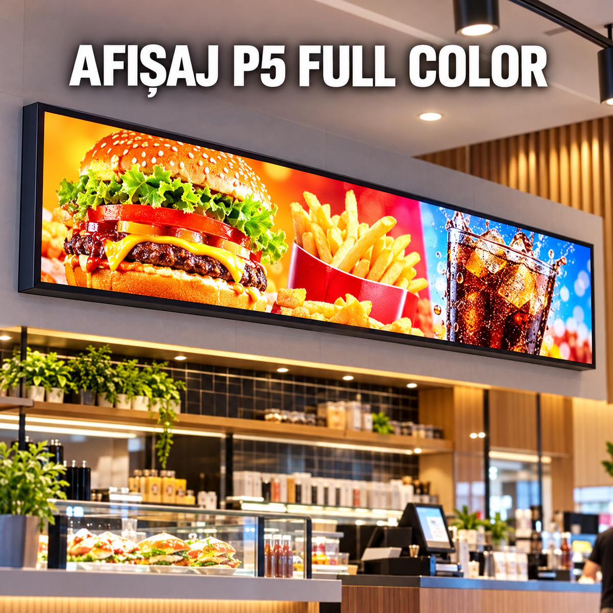 Afișaj LED P5 Full Color 100 x 55 cm montat într-un spațiu comercial
