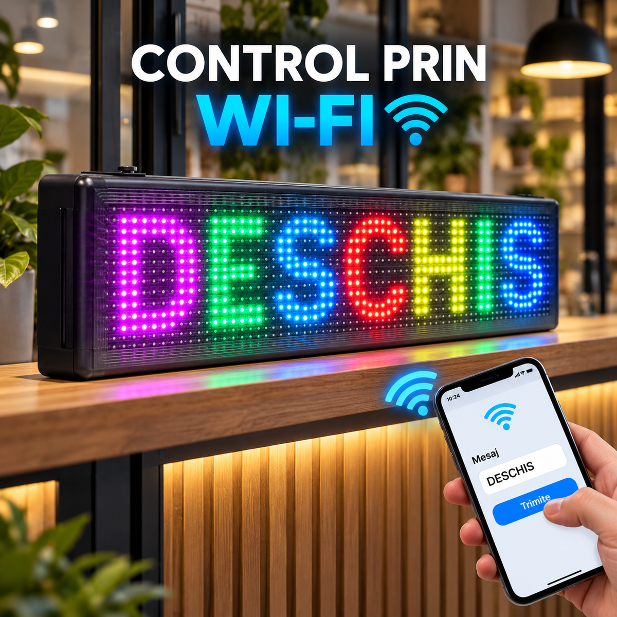 Reclamă luminoasă RGB controlată prin Wi-Fi de pe telefon