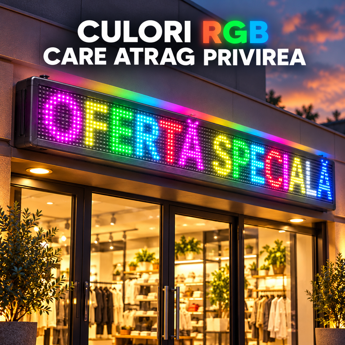 Panou LED RGB de 200 x 40 cm montat la intrarea unui magazin