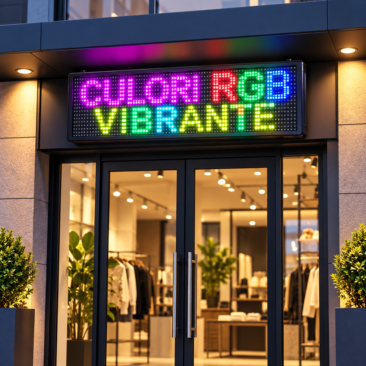 Reclamă luminoasă RGB montată la intrarea unui magazin