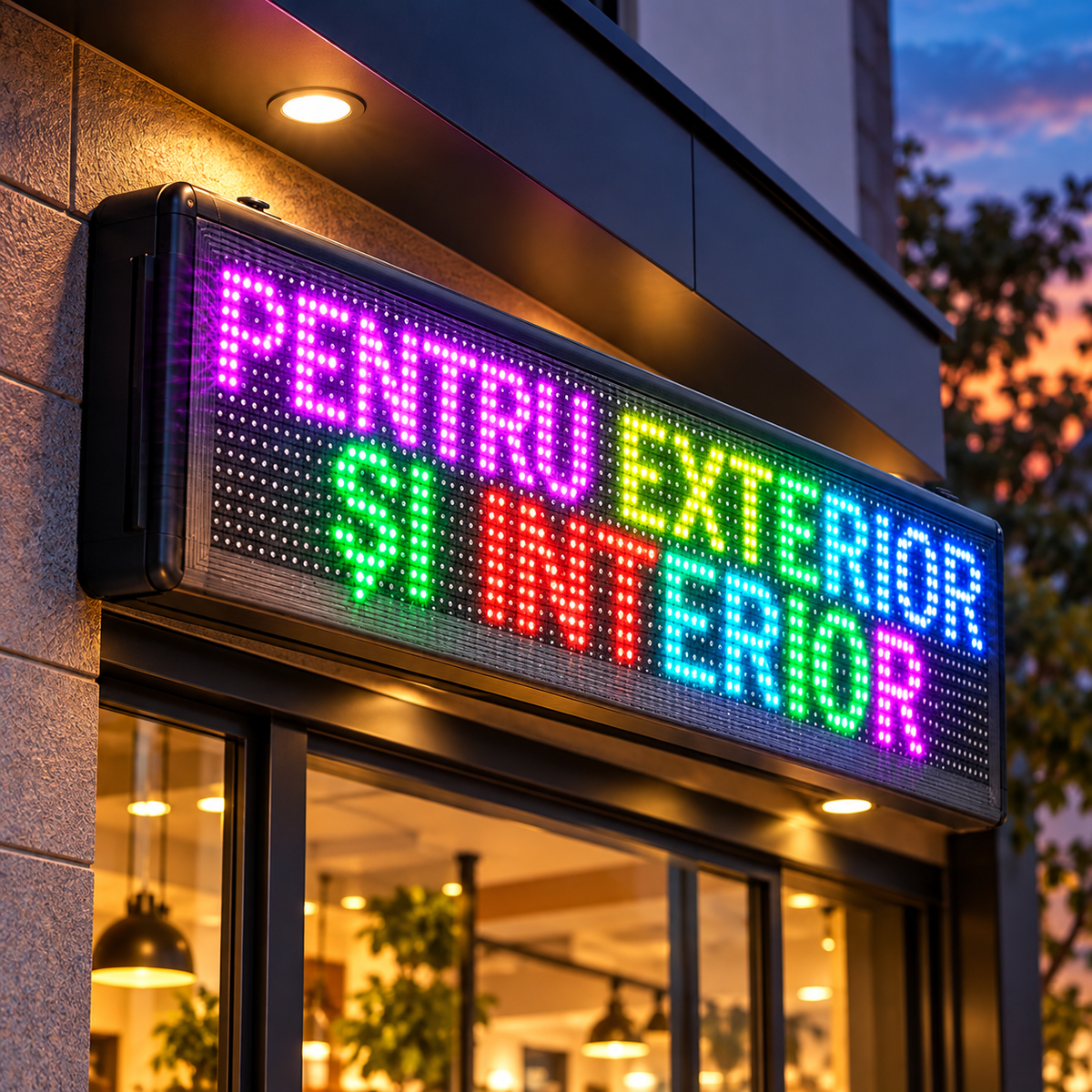 Panou LED RGB montat la exteriorul protejat al unui magazin