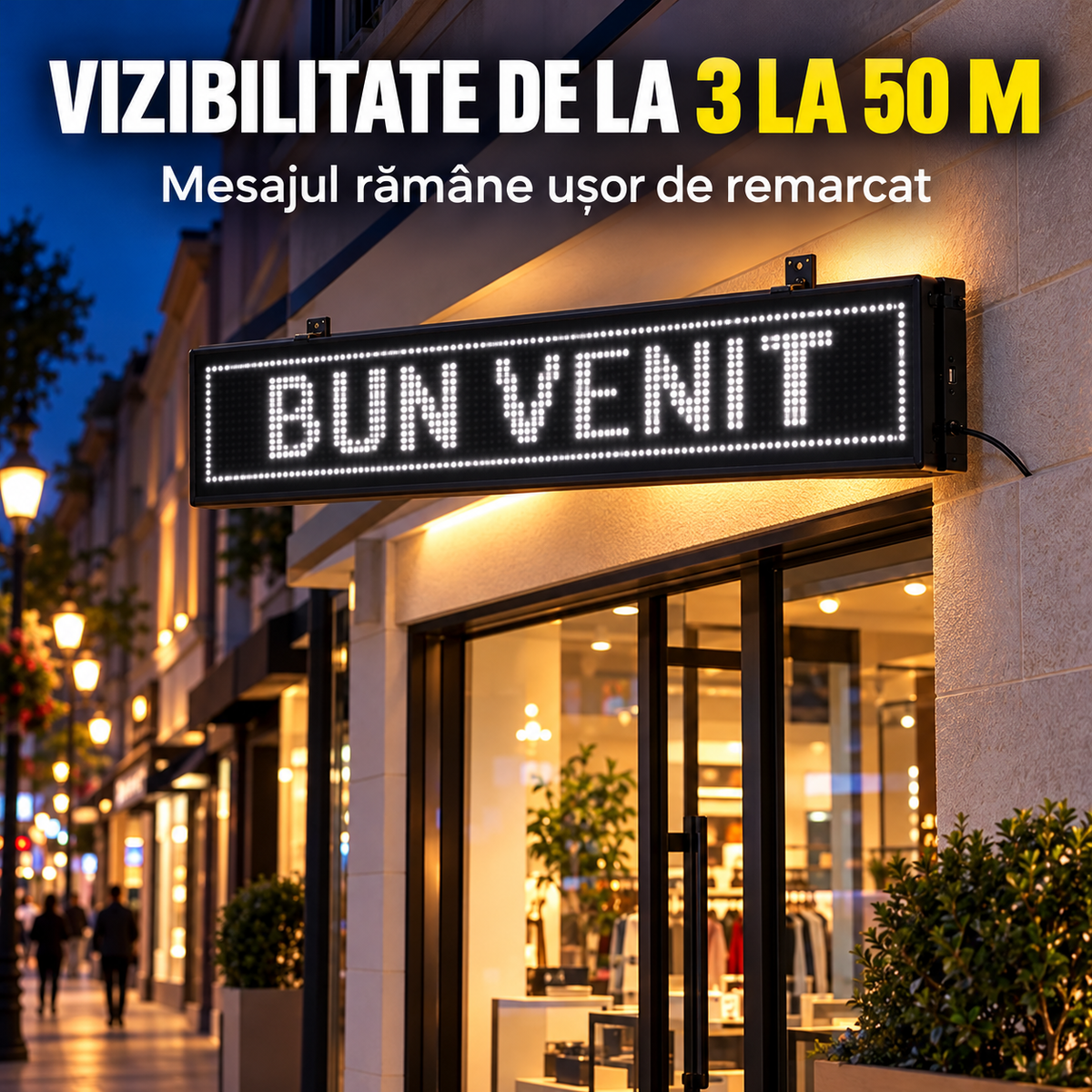 Reclamă luminoasă LED montată la exterior, vizibilă de la distanță