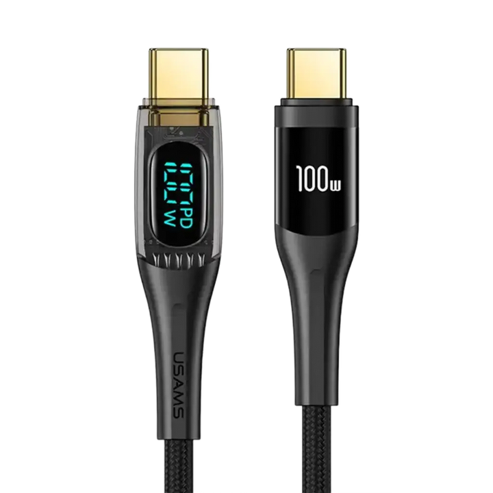 Cablu de Date &amp; Încărcare Rapidă USAMS Shadow Series, USB-C la USB-C, 100W PD, Display Digital LED, Nylon Împletit, 1.2m