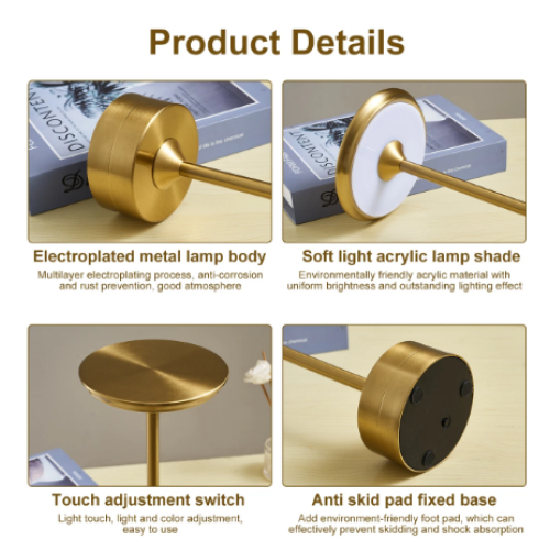 Lampa Led din metal, pentru Restaurante, Mese, Hoteluri, Birouri, reincarcabila prin USB, cu touch, Gold