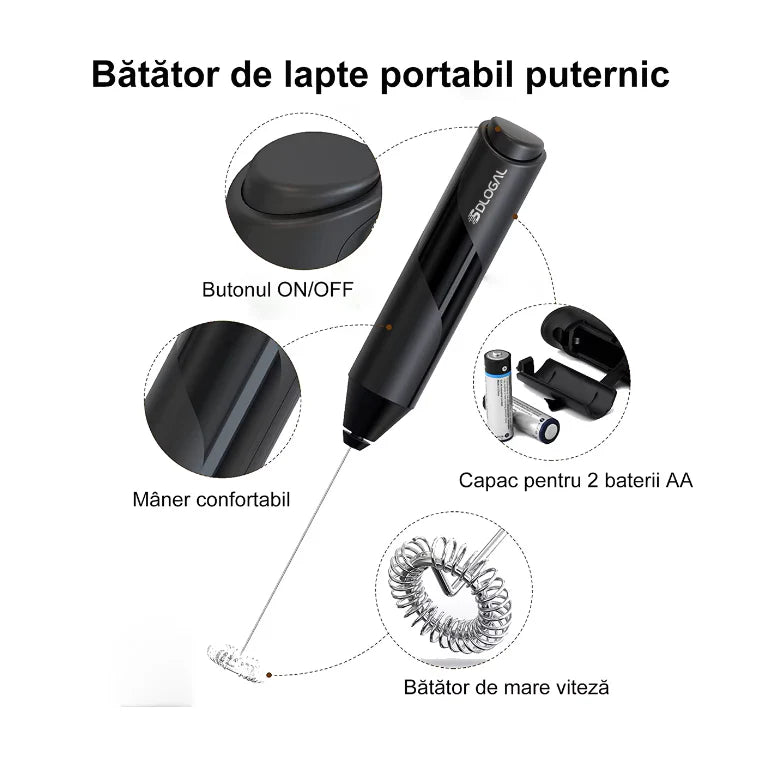 Mixer spuma lapte, At Performance, Electric cu baterie, bauturi calde/reci, maner izolat termic, otel inoxidabil, Pentru latte, ciocolata calda, cappuccino, frappe, usor de folosit cu suport metalic