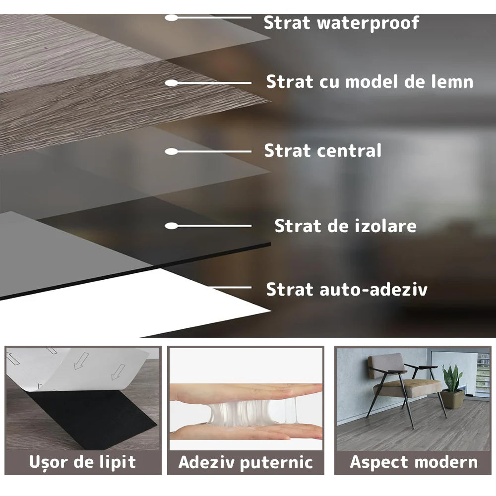 Set 36 Placi, De Pardoseala, AT PERFORMANCE®, durabil, autoadezive, PVC, 914.4mm x152.4mm, mm 5 m²/box, Maro lemnos