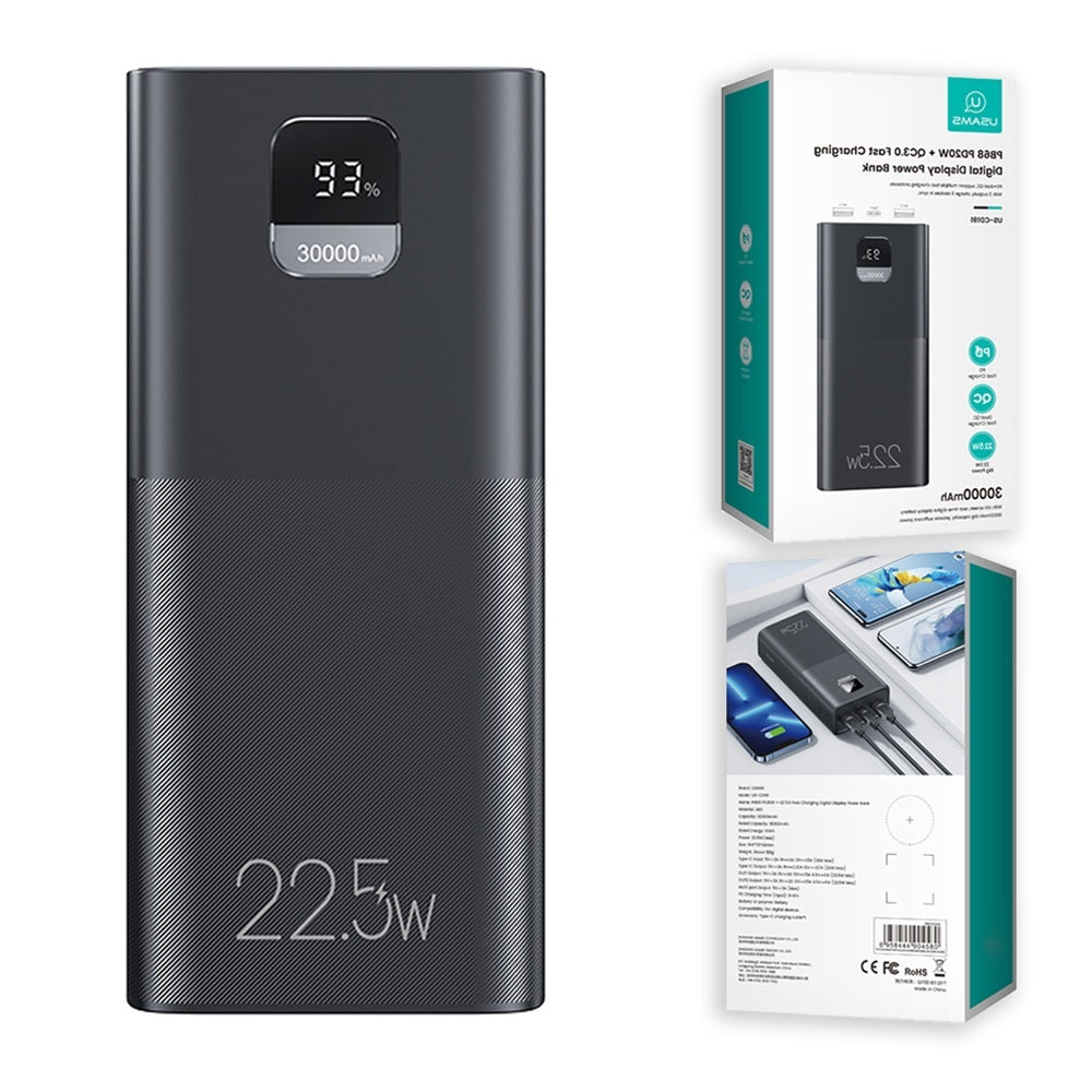 Baterie Externă USAMS, 30000mAh, 22.5W Fast Charge cu Display Digital LED