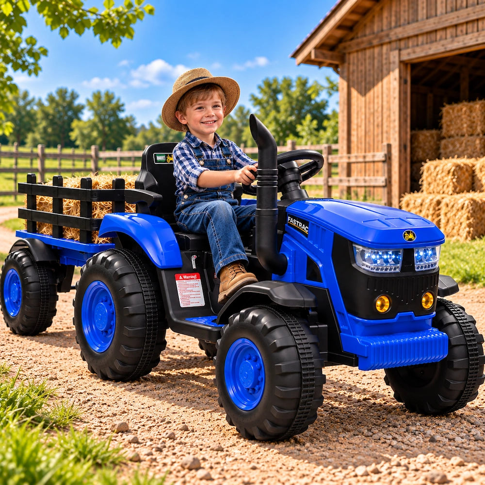 Tractor Electric cu Telecomandă pentru Copii KIDOO, cu Remorcă și Gard, Far, Sunet Motor, Claxon, MP3/USB – 3-6 Ani Albastru