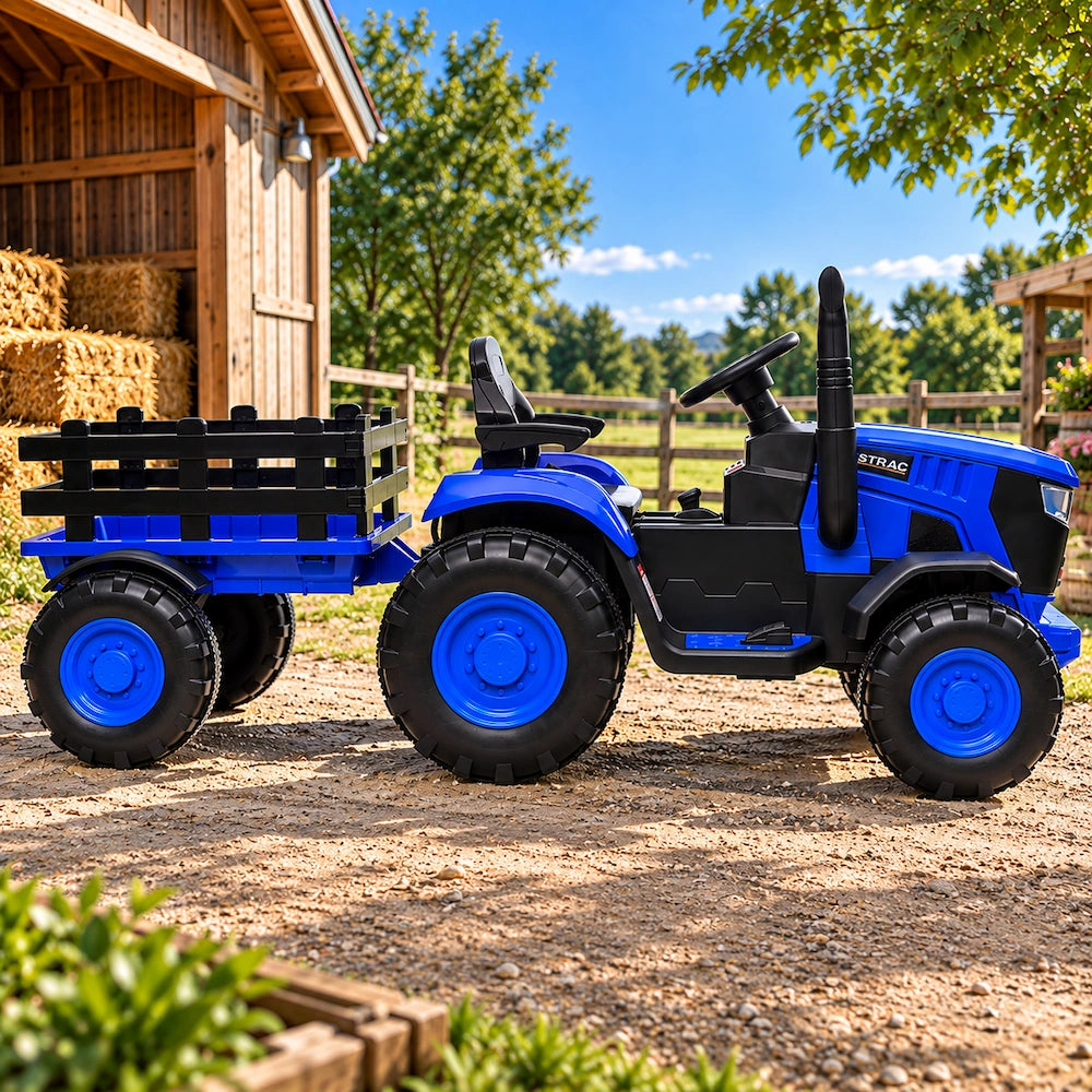 Tractor Electric cu Telecomandă pentru Copii KIDOO, cu Remorcă și Gard, Far, Sunet Motor, Claxon, MP3/USB – 3-6 Ani Albastru