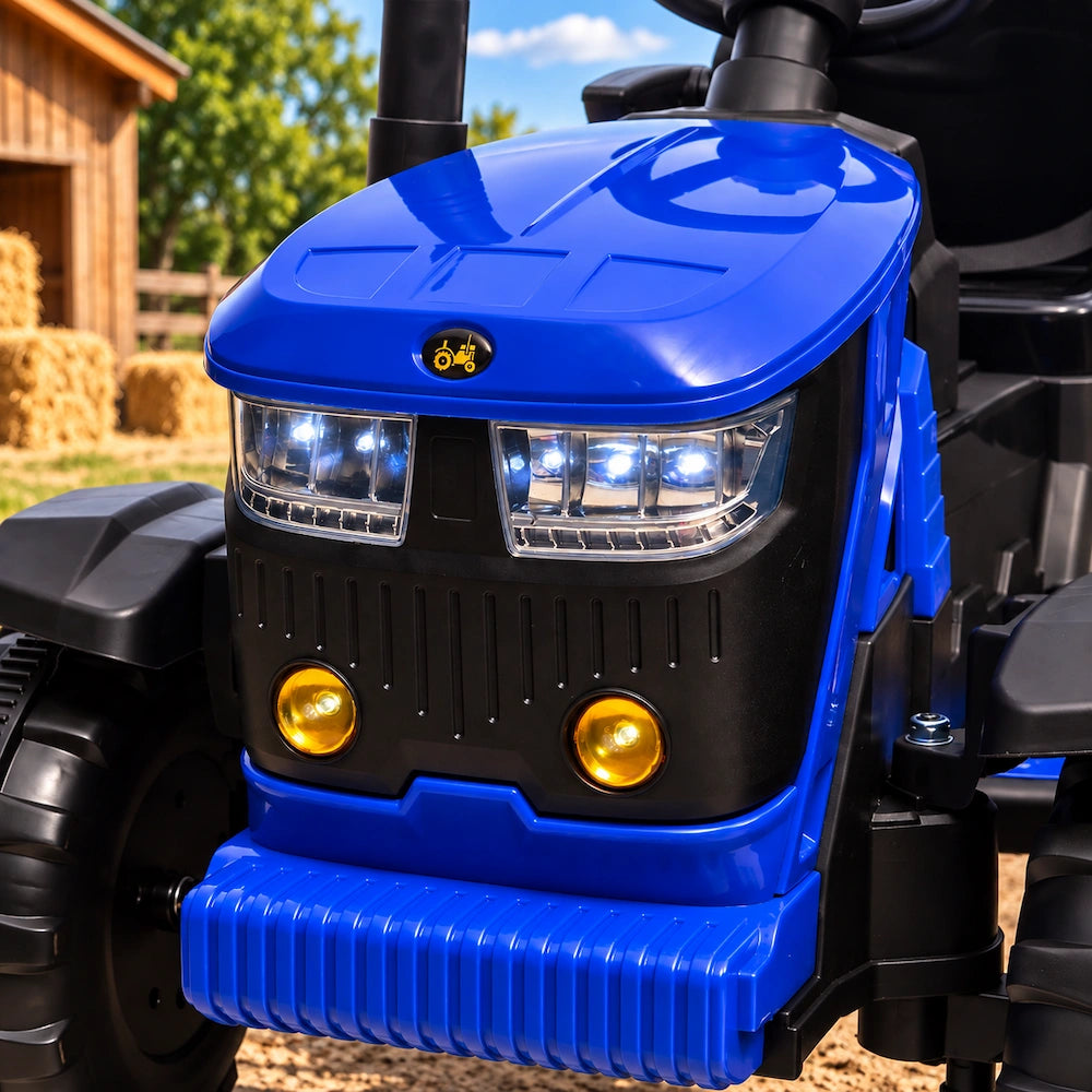 Tractor Electric cu Telecomandă pentru Copii KIDOO, cu Remorcă și Gard, Far, Sunet Motor, Claxon, MP3/USB – 3-6 Ani Albastru