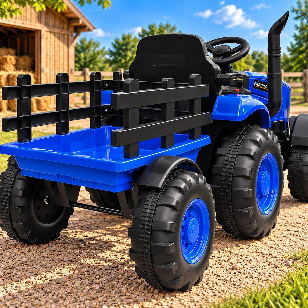 Tractor Electric cu Telecomandă pentru Copii KIDOO, cu Remorcă și Gard, Far, Sunet Motor, Claxon, MP3/USB – 3-6 Ani Albastru